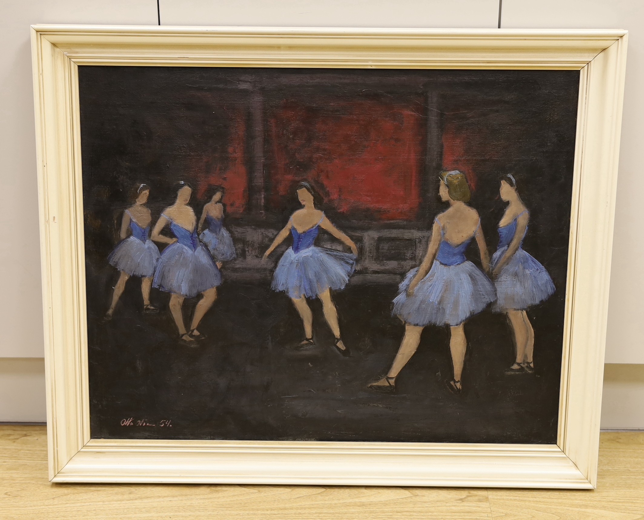 Otto Olsen (Danish, 1905-1966), oil on canvas, Ballerinas, signed and dated '54, 60 x 75cm